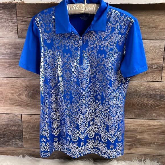 Coral Bay Tops - Coral Bay Golf Womens 1/4 Zip Polo Shirt , Blue Silver Metallic Accents, Size S